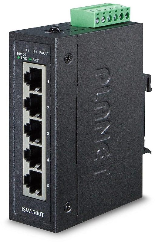 Фото-1 Промышленный коммутатор Planet ISW-500T, вид спереди под углом; видны 5 RJ-45 портов, индикаторы 10/100 и LINK/ACT на лицевой панели, сверху установлена зелёная клеммная колодка, корпус графитовый; фото показывает основную портовую панель для страницы товара.