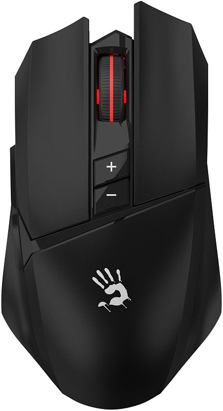 Фото-1 Беспроводная мышь A4Tech Bloody R36 Ultra, вид сверху; чёрный корпус с серой центральной вставкой, колесом прокрутки и дополнительными кнопками под колесом; изображение на светлом фоне, важно для страницы товара как показывает основной дизайн и верхние элементы управления.