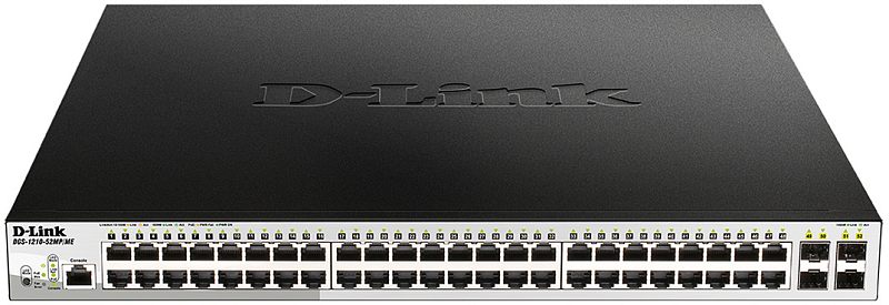 Фото-1 Коммутатор D-Link DGS-1210-52MP/ME, фронтальный вид; на панели видны консольный порт слева, 48 RJ-45 портов и 4 SFP-слота справа, корпус чёрный с серебристой вставкой; изображение показывает полную фронтальную конфигурацию портов для страницы PoE-коммутатора.