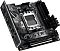Фото-4 Материнская плата ASUS ROG STRIX X870-I GAMING WIFI mini-ITX AM5, вид под углом со стороны слотов памяти и установленного бокового модуля. На фото различимы радиатор над зоной PCIe, высокий I/O-кожух и контакты/разъёмы на дополнительной плате, исполнение чёрное. Фото помогает оценить компоновку правой кромки платы и выступающих элементов.