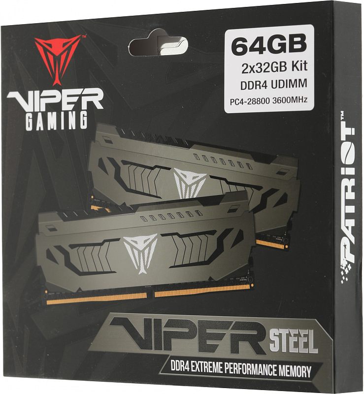 Фото-1 Комплект памяти Patriot Viper Steel PVS464G360C8K, упаковка спереди; чёрная коробка с прозрачным окном, внутри видны два серо-чёрных модуля, на лицевой части указаны 64GB, 2x32GB Kit, DDR4 UDIMM и частота; важно для страницы товара, потому что фото показывает комплект поставки и ключевую маркировку на упаковке.