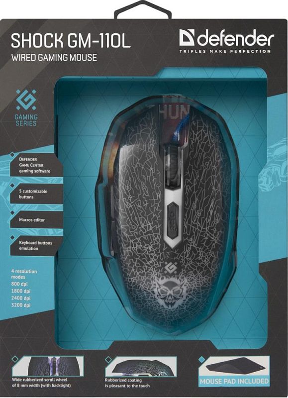 Фото-1 Проводная игровая мышь Defender Shock GM-110L, чёрная, упаковка с окном; на фото видны мышь с трещиновидным рисунком и черепом на корпусе, подписи Shock GM-110L, 5 кнопок, 4 режима разрешения 800/1800/2400/3200 dpi и коврик в комплекте, что важно для страницы товара с вариантом поставки и внешним видом модели.