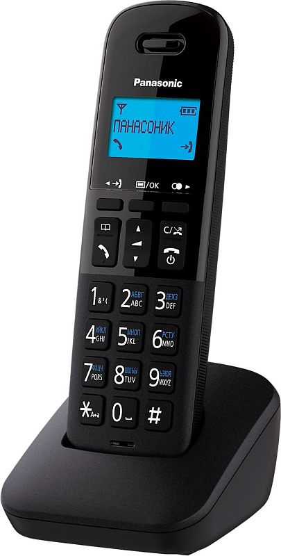 Фото-1 Радиотелефон DECT Panasonic KX-TGB610, крупный план трубки в базе; виден экран с голубой подсветкой и крупные цифровые клавиши с буквенными подписями; чёрный корпус на белом фоне — чтобы рассмотреть панель управления на странице товара.