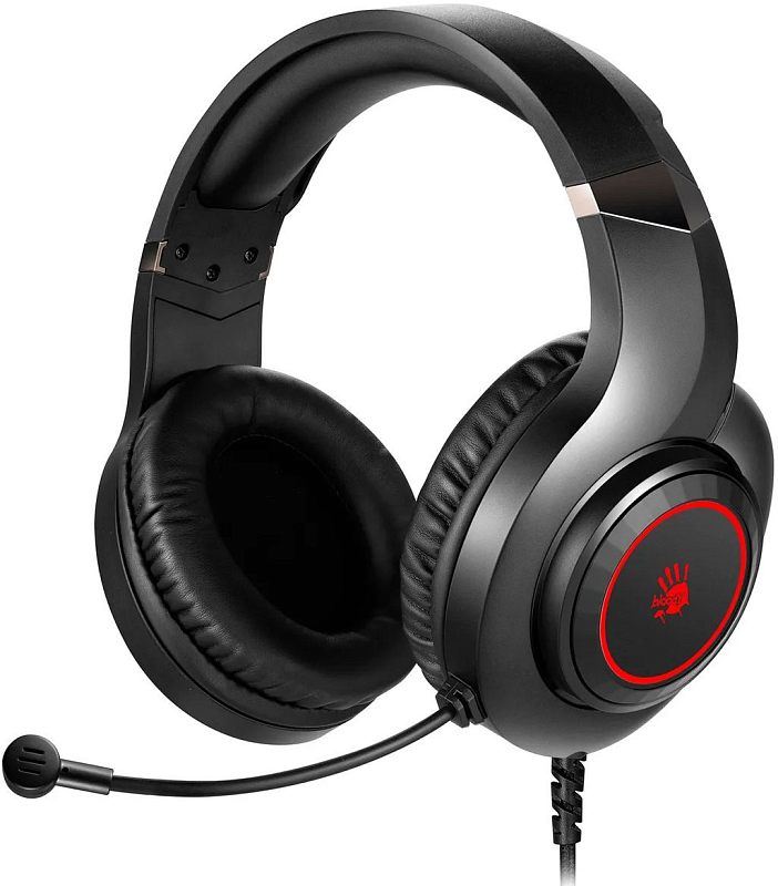 Фото-1 Наушники с микрофоном A4Tech Bloody G220S USB, чёрные, общий вид спереди под углом. На фото видны полноразмерные овальные амбушюры, гибкая штанга микрофона и проводное USB-подключение, что помогает распознать конструкцию гарнитуры на карточке товара.