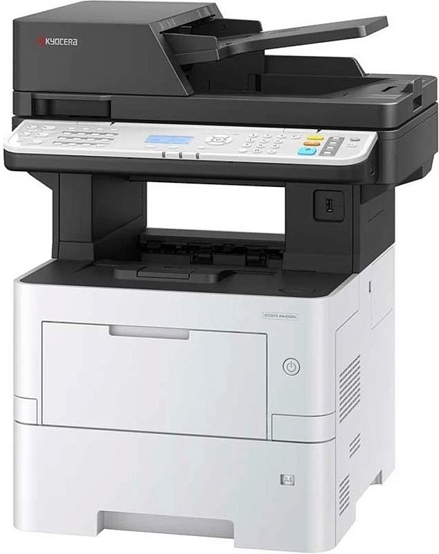 Фото-1 МФУ Kyocera ECOSYS MA4500X, ракурс спереди справа: светло‑серый корпус, тёмный блок автоподатчика с поднятым упором, светлая панель управления с LCD‑экраном и цифровой клавиатурой, справа круглая кнопка питания; на белом фоне; показывает компоновку сканера и панели управления.