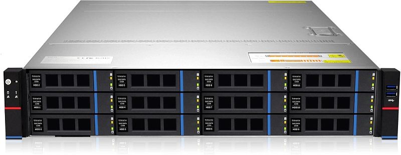Фото-1 Сервер iRU G2212IG3 12x3.5 Rack 2U, фронтальный вид; чёрная передняя панель с двенадцатью отсеками Enterprise SAS/SATA 12Gb HDD0–HDD11 в три ряда, кнопками и индикаторами слева, двумя USB 3.0 справа и серебристой верхней крышкой; важен для страницы товара, потому что показывает компоновку лицевой панели.