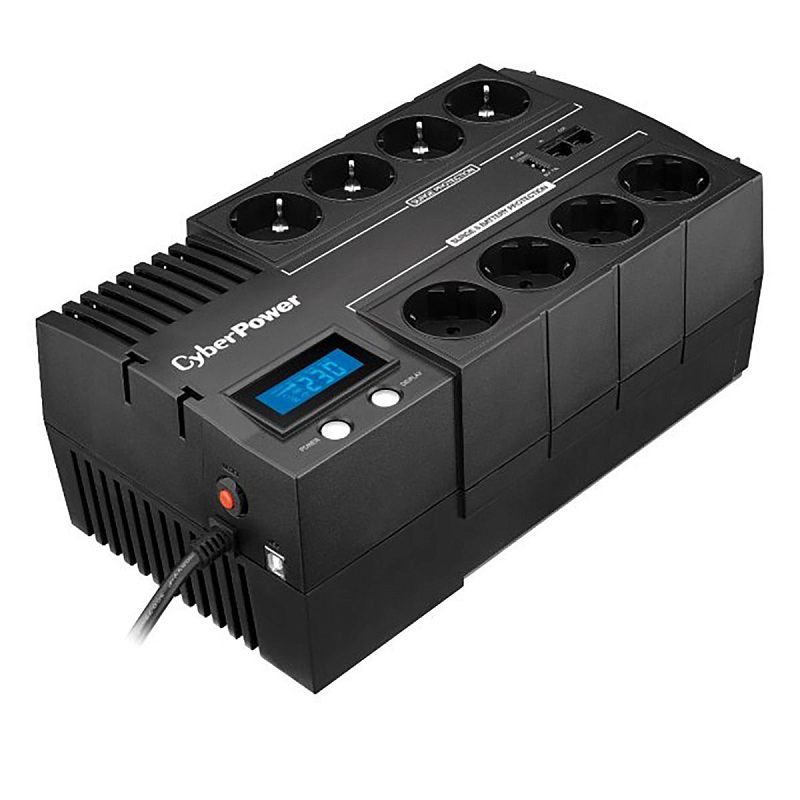 Фото-1 ИБП CyberPower BR700EA, вид сверху под углом. На фото видны восемь евророзеток на верхней панели, LCD-дисплей с синей подсветкой, две кнопки управления, USB-порт и сетевые порты для защиты линии связи. Изображение показывает компоновку розеток и органов управления для настольного размещения.