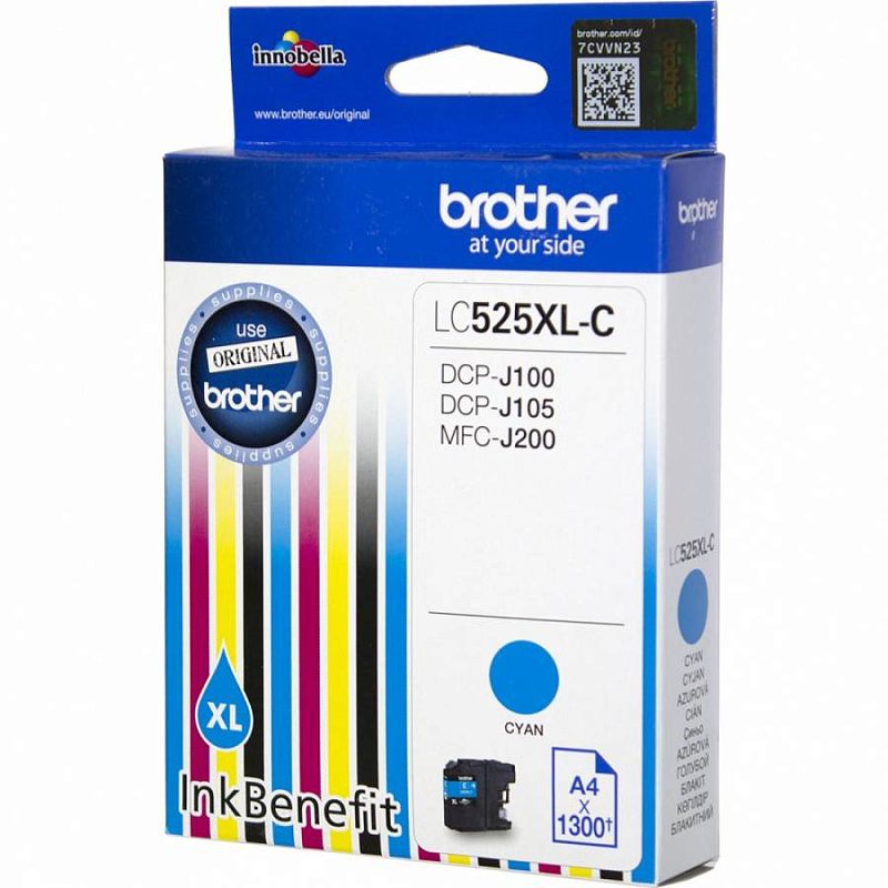 Фото-1 Струйный картридж Brother LC525XL-C, упаковка спереди справа под углом; коробка бело-синего цвета с подвесом, вертикальными цветными полосами, голубым кругом Cyan и маркировкой LC525XL-C, изображение показывает фирменную упаковку для страницы товара.