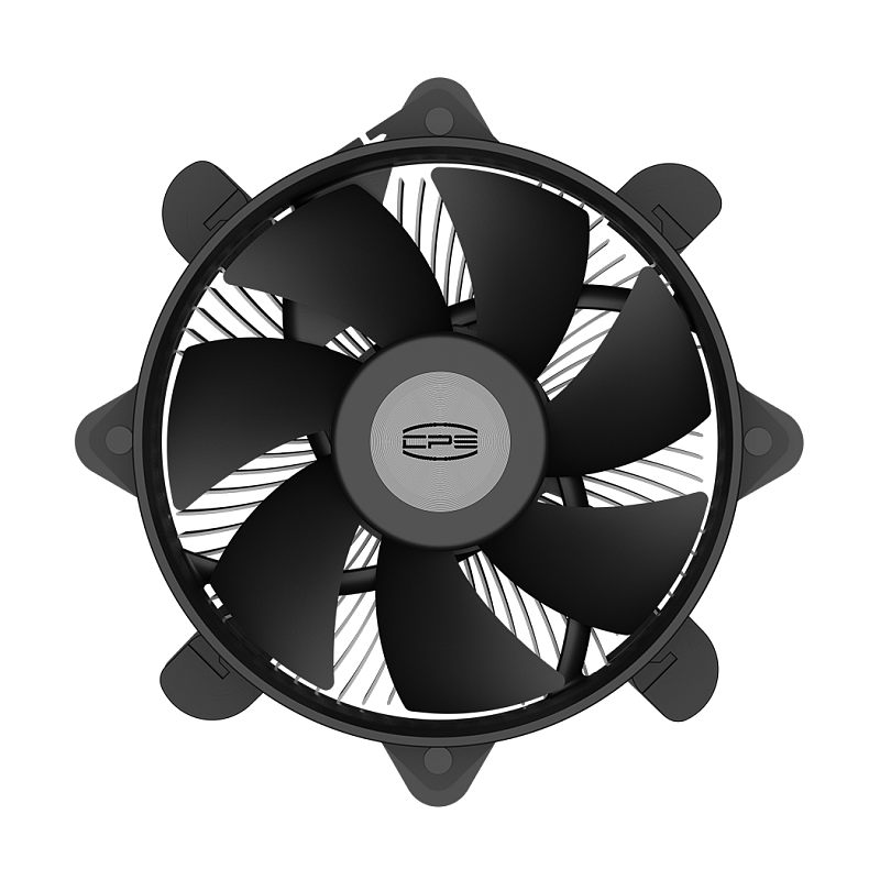 Фото-1 Кулер для процессора PCCOOLER R120 95 мм — вид сверху на вентилятор; круглая рамка с семью лопастями и наклейкой «EPE» в центре, четыре крепёжных ушка по углам для установки на радиатор в ПК.
