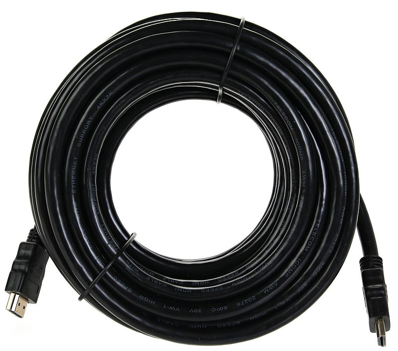 Фото-1 Видеокабель Telecom TCG200F HDMI male to HDMI male 10 м, общий вид кабеля на белом фоне: длинный чёрный кабель свёрнут в кольцо, на оболочке видна маркировка, на концах — прямые HDMI-штекеры. Фото показывает исполнение кабеля для страницы товара.