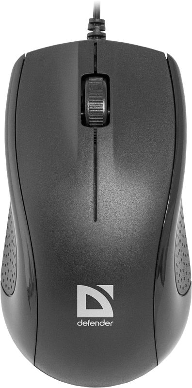 Фото-1 Проводная мышь Defender Optimum MB-160, вид сверху. На фото чёрный корпус с центральным колесом прокрутки, кабелем спереди и логотипом Defender у основания; изображение показывает верхнюю компоновку базовой офисной модели для карточки товара.