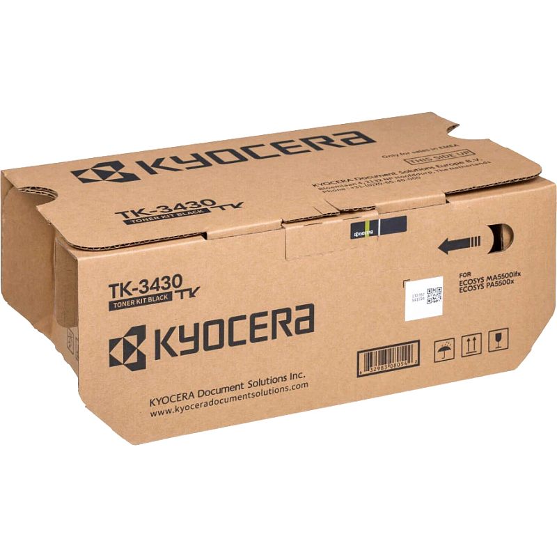Фото-1 Тонер-картридж Kyocera TK-3430, фото коробки под углом спереди. На изображении крафтовая упаковка с крупным логотипом Kyocera, маркировкой TK-3430 Toner Kit Black и пиктограммами перевозки. Такое фото важно для страницы товара, потому что показывает упаковку и совместимость, указанную на коробке.