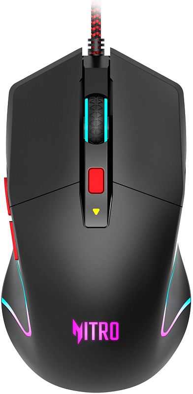 Фото-1 Проводная мышь Acer Nitro OMW301, вид сверху на корпус; на фото видны основные кнопки, колесо прокрутки, кнопка переключения режимов и логотип Nitro на спинке, цвет чёрный; изображение показывает раскладку органов управления, что важно для карточки товара.