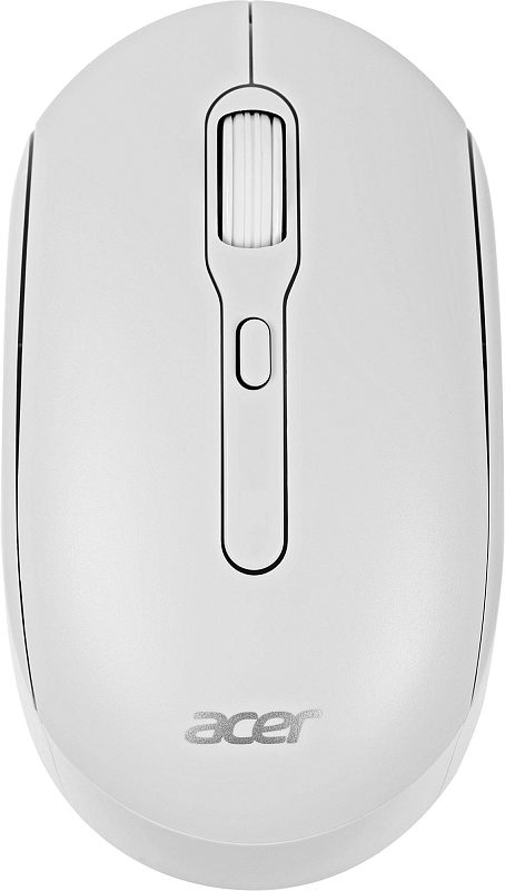 Фото-1 Беспроводная мышь Acer OMR308, вид сверху; белый корпус, белое колесо прокрутки и центральная кнопка переключения режима; изображение на белом фоне для карточки товара, важно для страницы товара как показывает основной внешний вид модели.