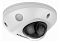 Фото-1 Камера видеонаблюдения Hikvision DS-2CD2527G2-LS 4mm C, крупный план снизу; белый компактный купольный корпус, прозрачный тёмный купол и круглые технологические отверстия по периметру; помогает оценить форму мини-дом-камеры для страницы товара.