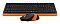 Фото-10 Комплект A4Tech F1010 (Orange), общий вид под углом: клавиатура с цифровым блоком и мышь в чёрно-оранжевом корпусе на переднем плане; изображение помогает сравнить внешний вид и компоновку комплекта.