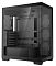 Фото-2 Корпус Deepcool CG580 Midi Tower, чёрный, вид спереди слева на странице товара: панорамное остекление фронта и боковины, внутри пустой отсек материнской платы и нижний кожух блока питания, справа &mdash; крупная перфорация под вентиляторы; важно для оценки внутреннего объёма и вентиляции.