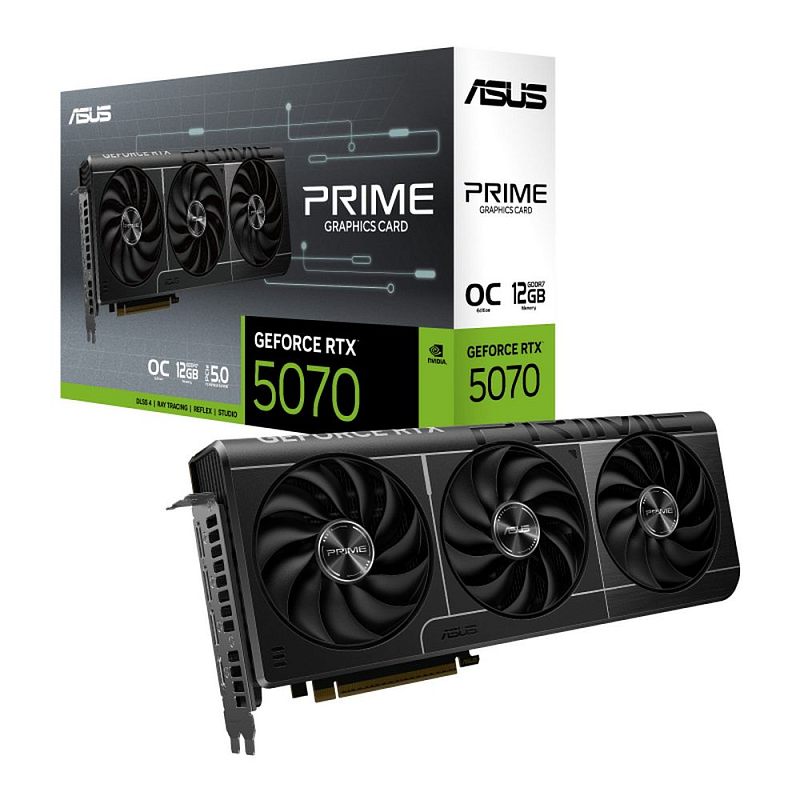 Фото-1 Видеокарта ASUS NVIDIA GeForce RTX 5070 Prime OC, комплект с коробкой и видеокартой. На фото чёрная карта с тремя вентиляторами и фирменная коробка ASUS PRIME с маркировкой GeForce RTX 5070. Снимок показывает товар и упаковку для страницы видеокарты.