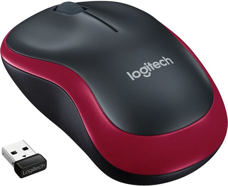Фото-1 Мышь Logitech M185 беспроводная, чёрно-красный цвет, вид сверху под углом. На фото компактный корпус с чёрной верхней панелью, красной окантовкой по бокам, колесом прокрутки и отдельным USB-ресивером рядом. Для страницы товара это важно, потому что показывает расцветку корпуса и комплектный приёмник.