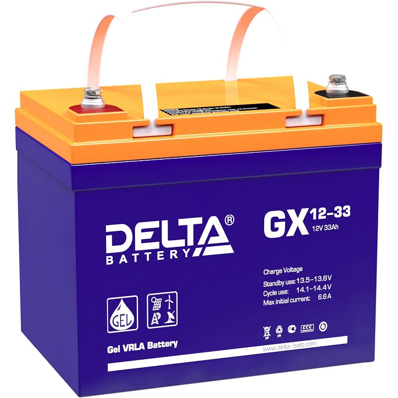Фото-1 Аккумулятор для ИБП Delta GX 12-33, вид под углом; фиолетовый корпус с оранжевой крышкой, сверху болтовые клеммы и ручка, на боку маркировка GX 12-33; фото на белом фоне, важно для понимания конструкции клемм и переноски.