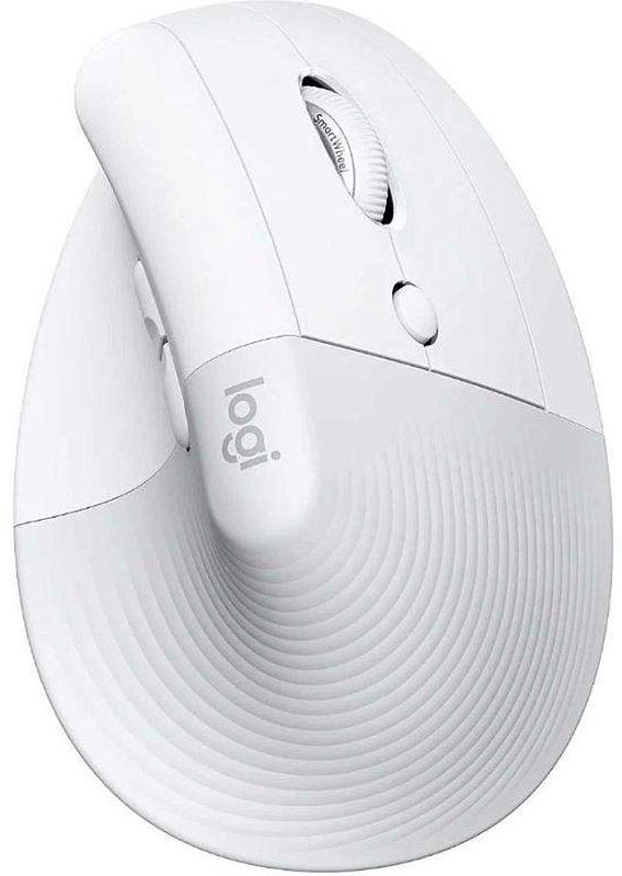 Фото-1 Беспроводная мышь Logitech Lift, белая, вид сверху спереди под углом; показаны вертикальный корпус, колесо SmartWheel, верхняя кнопка и рифлёная опора для ладони с логотипом. Изображение для карточки товара, чтобы показать компоновку корпуса и цвет варианта.