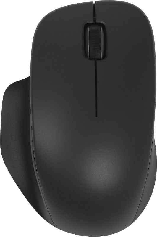 Фото-1 Мышь Xiaomi Wireless Mouse Comfort Edition, вид сверху на чёрный корпус; видны чёрное колесо прокрутки, тонкая центральная линия между кнопками и асимметричная форма с боковым упором; изображение важно для страницы товара, так как показывает внешний вид и компоновку чёрной версии мыши.