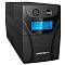 Фото-4 ИБП Ippon Back Power Pro II 500, вид спереди слева; корпус с глянцевой лицевой вставкой, синим дисплеем и вертикальными вентиляционными прорезями по бокам; чёрный корпус на светлом фоне для страницы товара и показа формы корпуса.