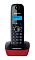 Фото-2 DECT‑телефон Panasonic KX‑TG1611RU: трубка на базе, вид спереди крупнее; чёрный корпус, синяя подсветка экрана, центральная навигационная клавиша и блок цифровых кнопок; красная база с логотипом; на белом фоне — важно для оценки читаемости клавиш и экрана.