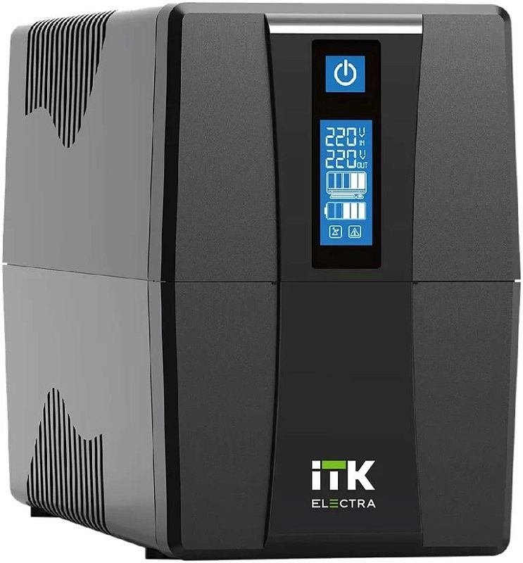 Фото-1 ИБП ITK Electra EET-0800VA-1-001, вид спереди под углом: тёмно-серый корпус tower, вертикальная синяя панель индикации и кнопка питания сверху, вентиляционные прорези на боковых гранях. Для карточки товара это важно, так как фото показывает лицевую сторону и форму корпуса.