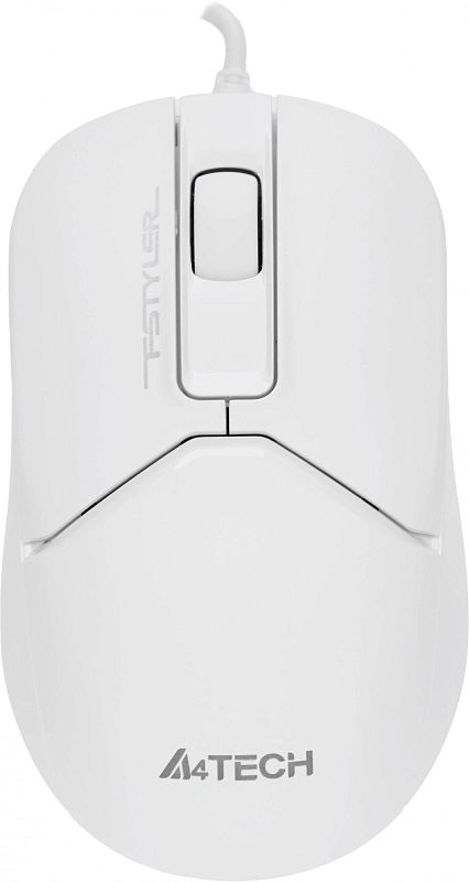 Фото-1 Проводная мышь A4Tech Fstyler FM12S, вид сверху; на фото белый корпус, колесо прокрутки, центральная вставка с надписью Fstyler и логотип A4Tech на спинке; основное изображение товара для страницы модели.