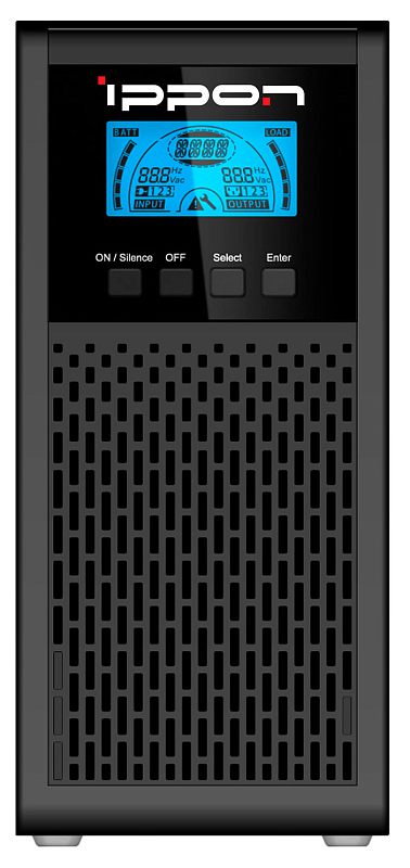Фото-1 ИБП Ippon Innova G2 Euro 1000 VA Tower 1547590, фронтальный вид; на фото чёрно-серый tower-корпус с синей LCD-панелью, четырьмя кнопками управления и вертикальной вентиляционной решёткой на нижней части передней панели; изображение показывает дисплей и компоновку корпуса для страницы онлайн-ИБП.
