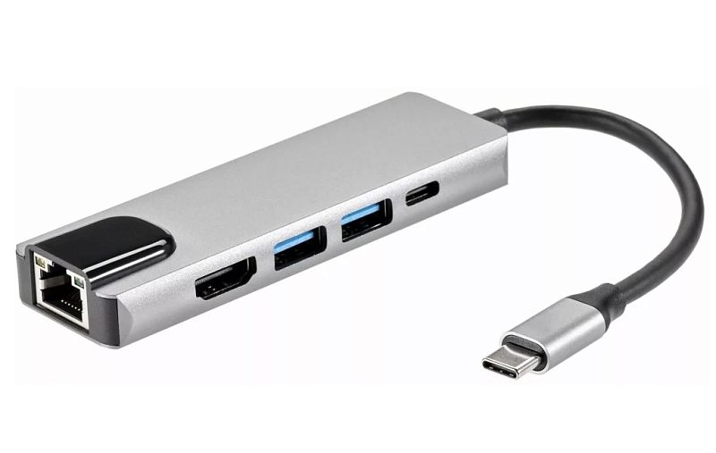 Фото-1 Порт-репликатор Aopen ACU435M, вид под углом; серебристый корпус с кабелем USB‑C, на торце RJ‑45, на боковой панели HDMI, два USB‑A (синие) и USB‑C — важно для оценки, есть ли Ethernet и видеовыход для подключения к ноутбуку.