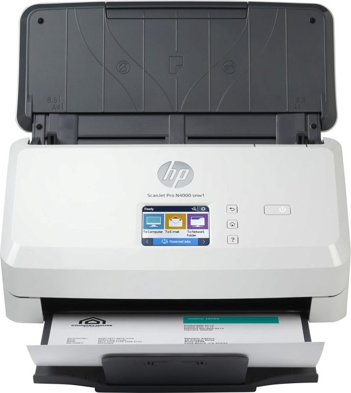 Фото-1 Сканер HP ScanJet Pro N4000 snw1, фронтальный вид; белый корпус с поднятым тёмно-серым автоподатчиком, по центру цветной сенсорный экран, справа кнопка питания и кнопки управления; демонстрация интерфейса и подачи документов для страницы товара.