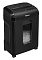 Фото-3 Уничтожитель бумаги Fellowes Powershred 10M FS-46306, вид спереди под углом; чёрный корпус с глянцевыми боковыми вставками, верхняя панель управления и узкое окно корзины со стружкой, видны колёсики; для карточки товара — чтобы оценить форму корпуса и мобильность.