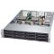Фото-1 Корпус Supermicro SuperChassis 826BAC4-R920LPB, вид спереди сверху с открытой крышкой; на фото 2U rack-шасси с двенадцатью фронтальными корзинами для дисков, внутренними вентиляторами, радиаторами и блоком питания справа; изображение показывает внутреннюю компоновку корпуса для страницы товара.