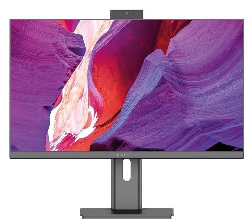 Фото-1 Моноблок Digma Pro Unity DM27P5-ADXW02, фронтальный вид. На фото широкий экран с тонкими рамками, выдвижная камера сверху по центру и массивная центральная стойка с овальным вырезом на прямоугольном основании, корпус графитовый. Изображение показывает внешний вид передней панели для страницы товара.