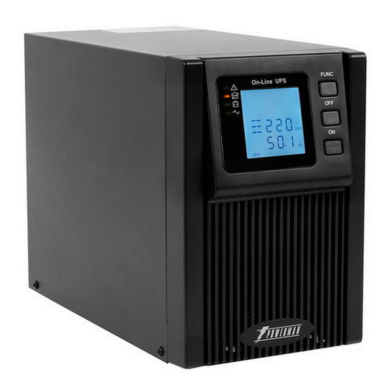 Фото-1 ИБП PowerMan Online 1000 VA Tower, вид спереди слева: чёрный прямоугольный корпус, синий LCD-дисплей, три кнопки управления и вертикальная фронтальная решётка; фото показывает лицевую панель и tower-формат для страницы товара.
