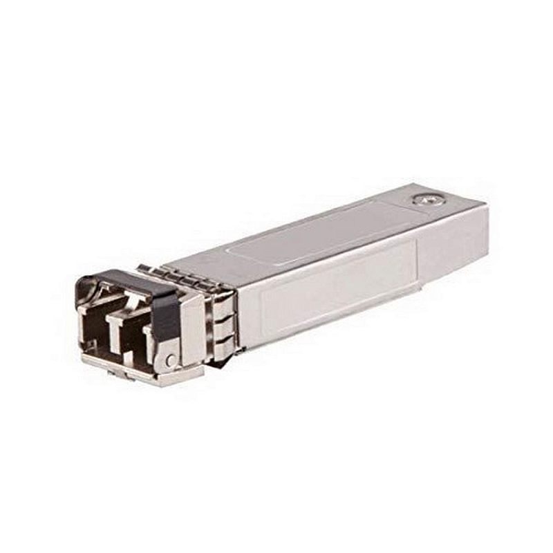 Фото-1 Трансивер HPE J9151E, вид сзади под углом: металлический SFP+-модуль с гладкой верхней крышкой, винтом в задней части и открытым оптическим портом спереди, на белом фоне для страницы товара и оценки конструкции корпуса.