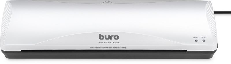 Фото-1 Ламинатор Buro BU-L383, фронтальный вид; белый корпус с чёрным основанием, длинный входной слот, справа индикаторы READY и POWER, подключён кабель; фото на белом фоне для идентификации модели ламинатора A3.