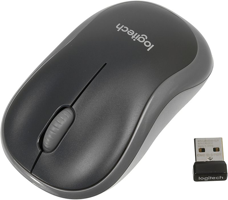 Фото-1 Мышь Logitech M185 беспроводная, серый цвет, вид сверху под углом. На фото тёмно-серая верхняя панель, светло-серая окантовка корпуса, колесо прокрутки и отдельный USB-ресивер рядом. Для страницы товара это важно, потому что показывает расцветку модели и комплектный приёмник.