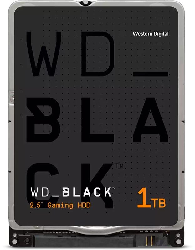 Фото-1 Жёсткий диск Western Digital WD Black WD10SPSX, вид спереди; чёрная лицевая наклейка с крупной надписью WD_BLACK и отметкой 1TB, серебристая рамка по периметру; помогает распознать модель 2,5″ на странице товара.