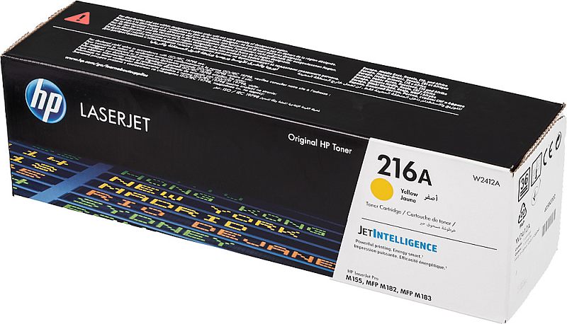 Фото-1 Картридж HP 216A W2412A, жёлтый лазерный тонер, коробка в ракурсе спереди сверху. Видны чёрно-белая упаковка, цветовая метка жёлтого цвета и маркировка серии LaserJet. Фото показывает внешний вид оригинальной коробки для карточки товара расходного материала.