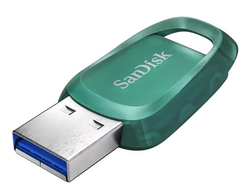 Фото-1 USB‑накопитель SanDisk Ultra SDCZ96 512GB, ракурс 3/4 на белом фоне: зелёный пластиковый корпус с овальным отверстием‑петлёй, надпись SanDisk, открыт разъём USB‑A с синей вставкой. Для страницы товара важно показать форму корпуса и наличие петли для ремешка.