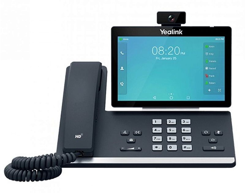 Фото-1 IP-телефон Yealink SIP-T58W, вид спереди; чёрный корпус, большой цветной сенсорный экран и камера на верхней кромке, цифровая клавиатура и ряд функциональных клавиш на белом фоне — важно для идентификации комплектации по внешнему виду модели на странице товара.