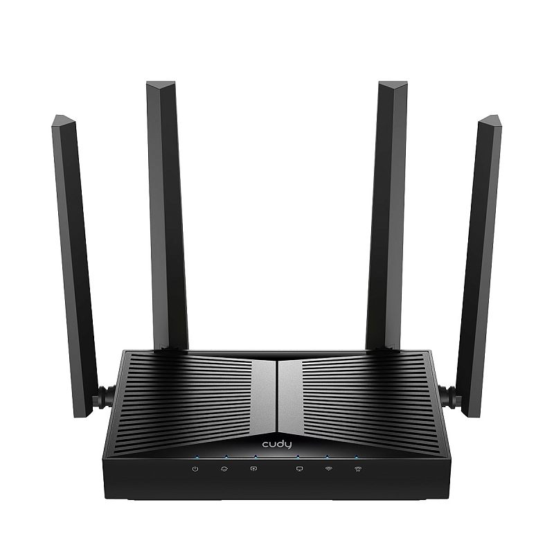 Фото-1 Wi‑Fi роутер Cudy WR3600, вид спереди: чёрный корпус с рифлёной верхней панелью, четыре вертикальные антенны и индикаторы на передней кромке; предметное фото — чтобы оценить конструкцию и размещение антенн на странице товара.