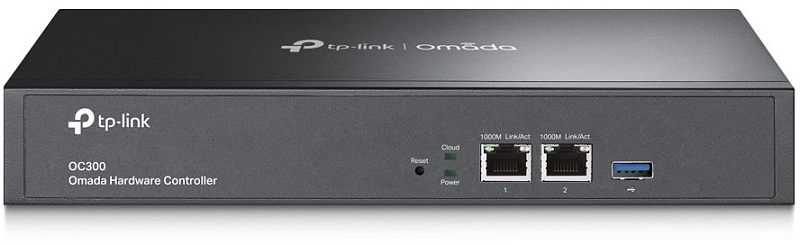 Фото-1 Аппаратный контроллер TP-Link Omada OC300, фронтальный вид; на фото чёрный металлический корпус для стойки, два гигабитных Ethernet-порта, USB 3.0, индикаторы Cloud и Power и отверстие Reset; изображение показывает переднюю панель контроллера для страницы товара.