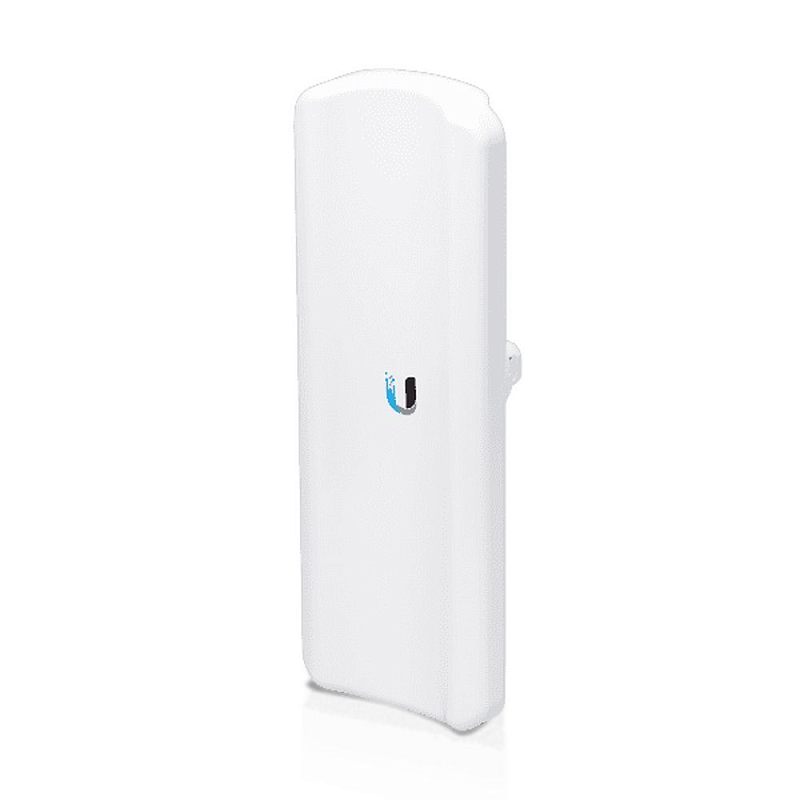 Фото-1 Точка доступа Ubiquiti airMAX Lite AP GPS (LAP‑GPS), вид спереди: белый вытянутый корпус с логотипом Ubiquiti, по центру вертикальная шкала синих индикаторов и подписи LAN/питание. Фото помогает идентифицировать устройство и понять индикацию состояния.