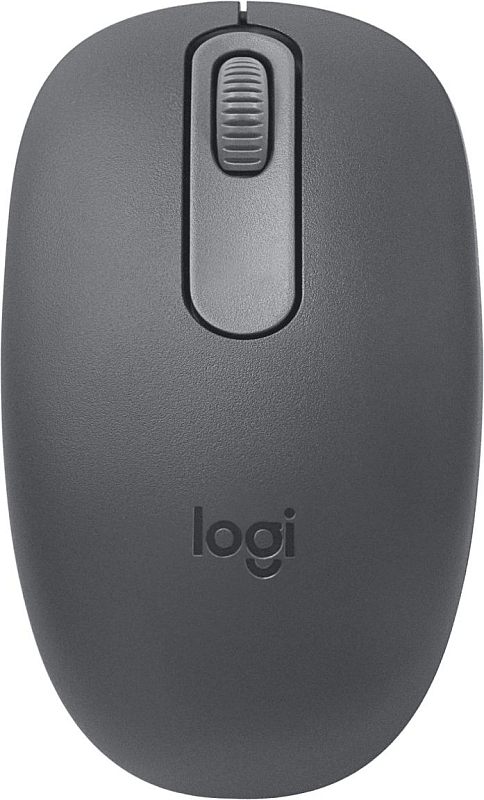 Фото-1 Беспроводная мышь Logitech M196, тёмно-серая, вид строго сверху; видны колесо прокрутки, центральная вставка и логотип logi на матовом корпусе. Изображение для карточки товара, чтобы показать простую верхнюю компоновку и цвет модели.