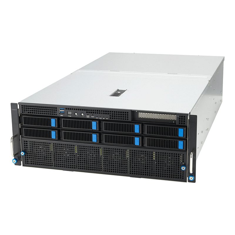 Фото-1 Серверная платформа ASUS ESC8000-E11 SKU2, ракурс спереди-слева, 8 отсеков для накопителей 3.5 с синими фиксаторами, фронтальная панель с USB и индикаторами, нижняя вентиляционная решётка, чёрный фасад и серебристый корпус