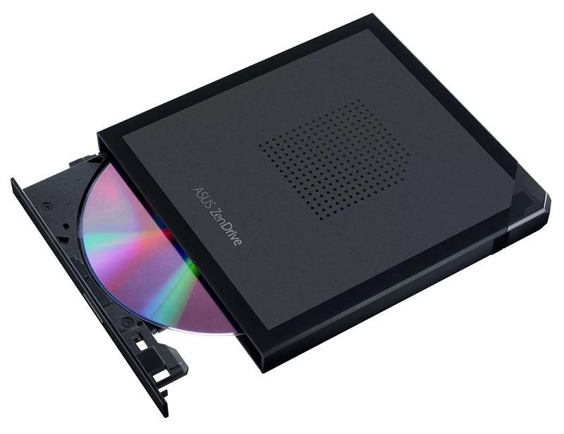 Фото-1 Внешний оптический привод ASUS SDRW-08V1M-U DVD-RW, вид сверху с открытым лотком; чёрный квадратный корпус с надписью ASUS ZenDrive, по центру перфорация, в лотке установлен диск; фото показывает работу лотка для страницы товара.